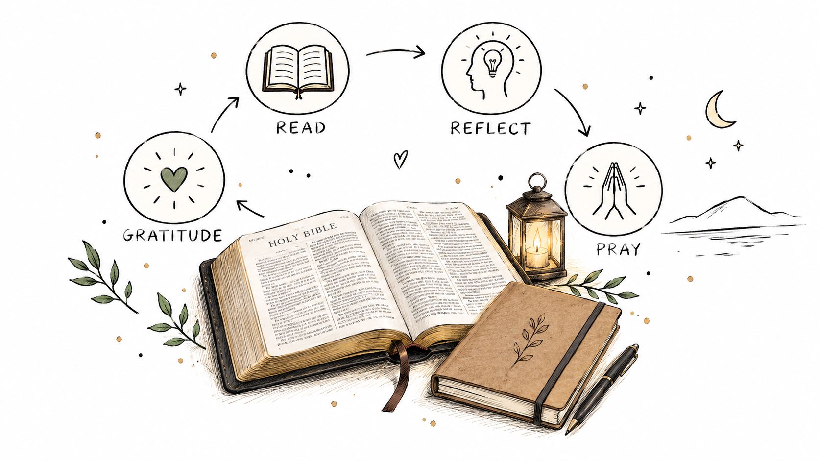 A conceptual illustration of a daily spiritual routine featuring Bible reading, reflection, prayer, and gratitude, with journals.