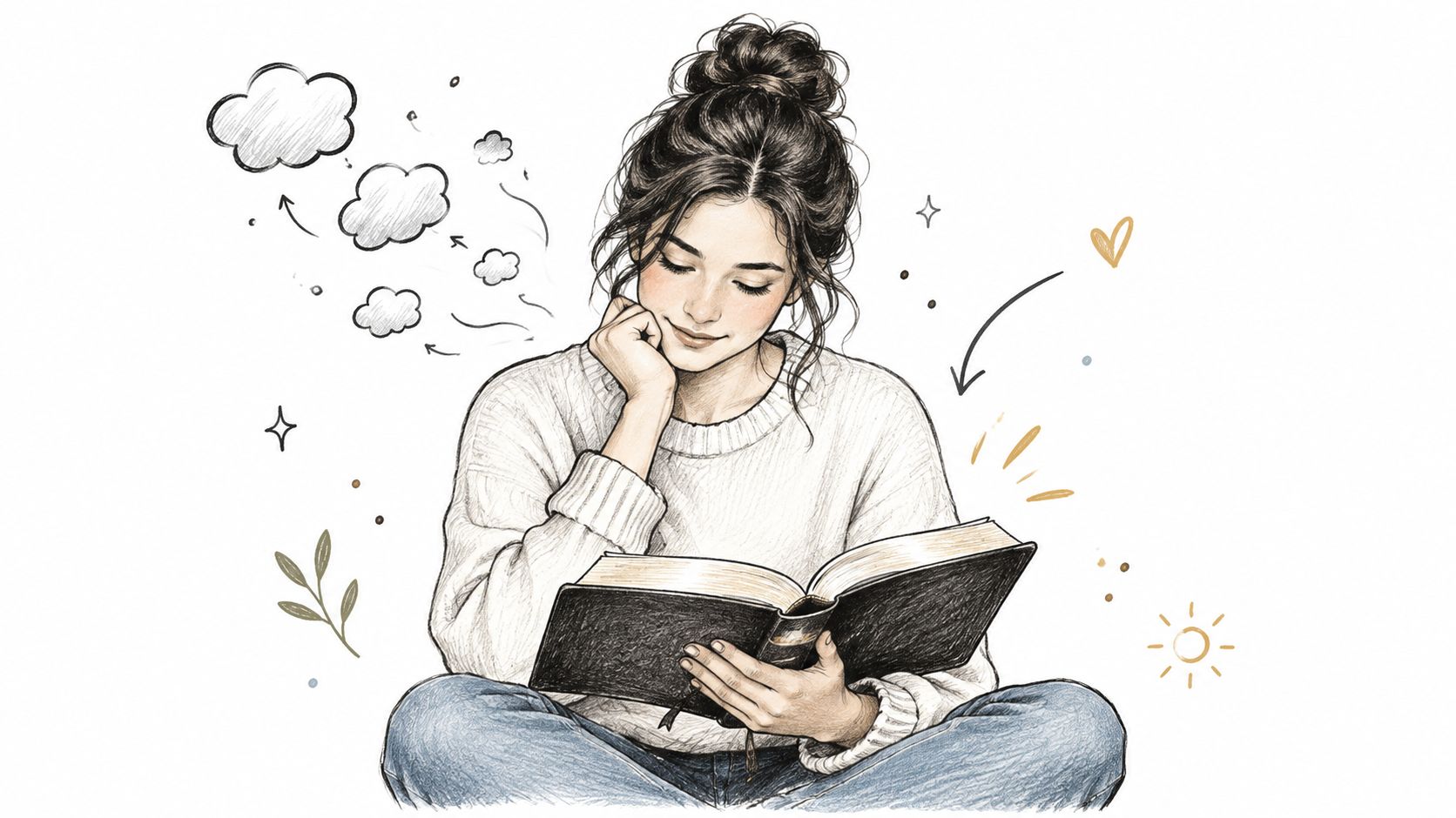 A pencil sketch of a serene young woman sitting cross-legged while peacefully reading a book.
