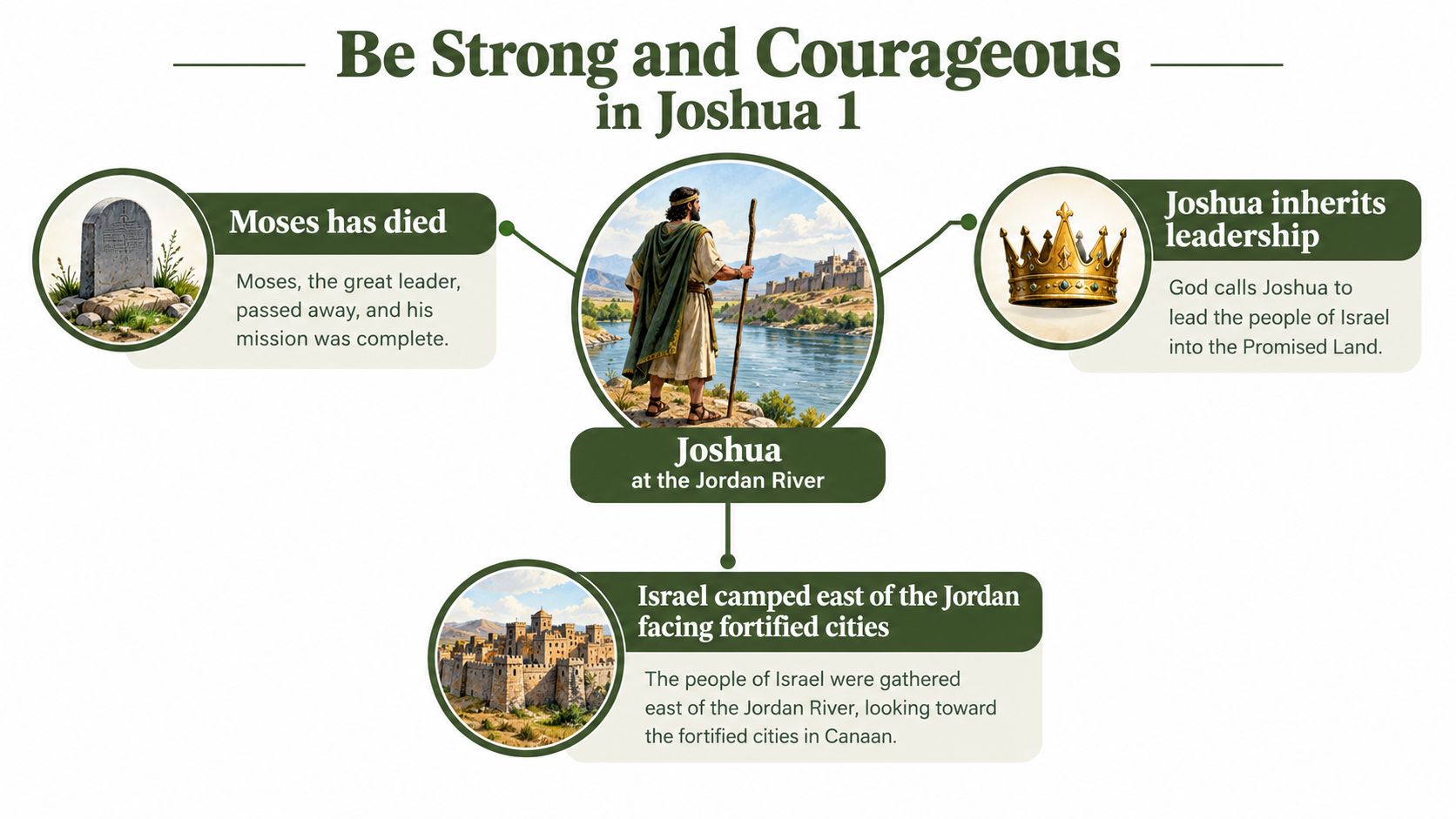 An infographic titled Be Strong and Courageous in Joshua 1, depicting key events involving Joshua and the Israelites.