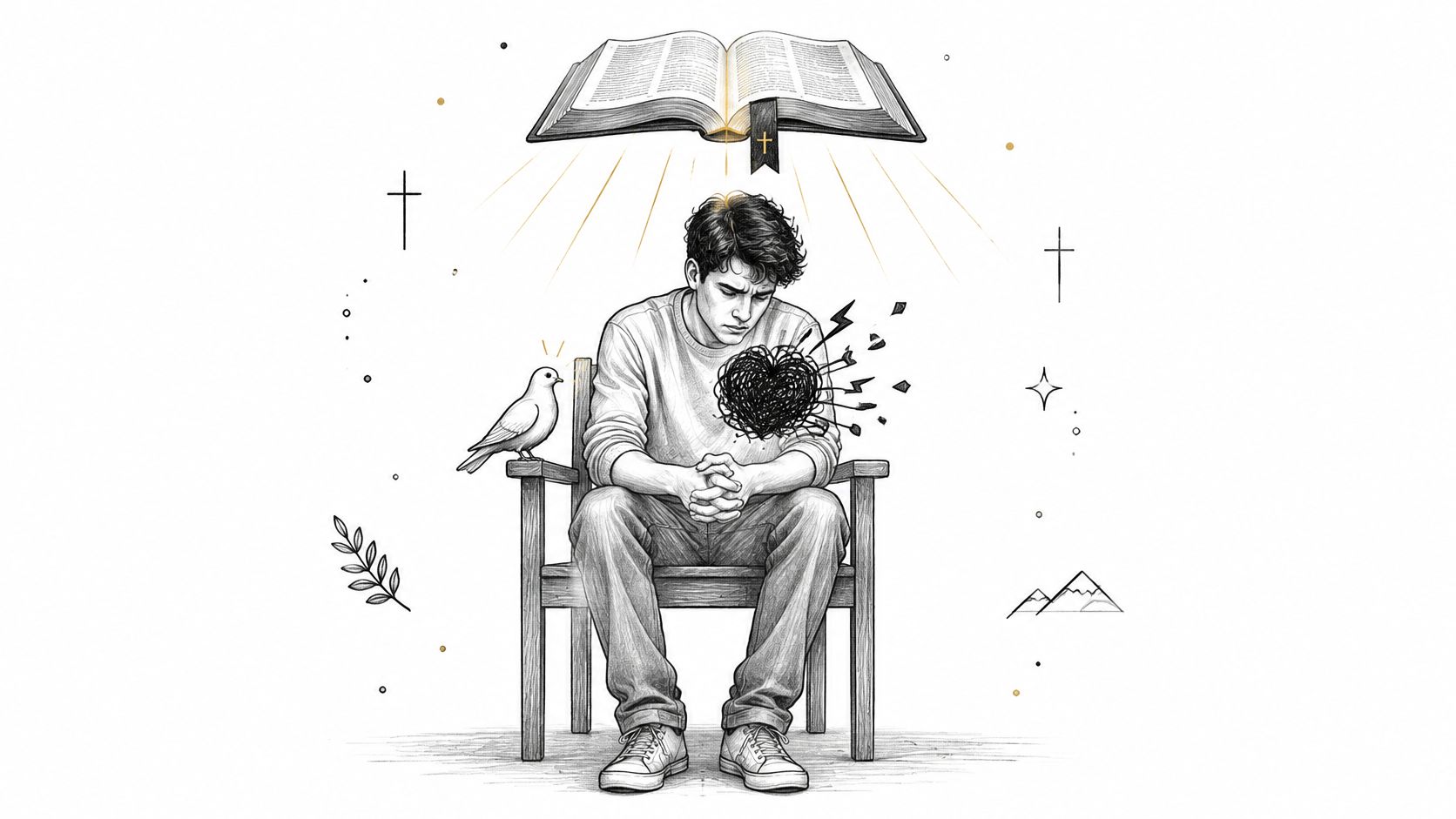 A pencil sketch of a young man sitting thoughtfully, illuminated by an open Bible, with a dove nearby.