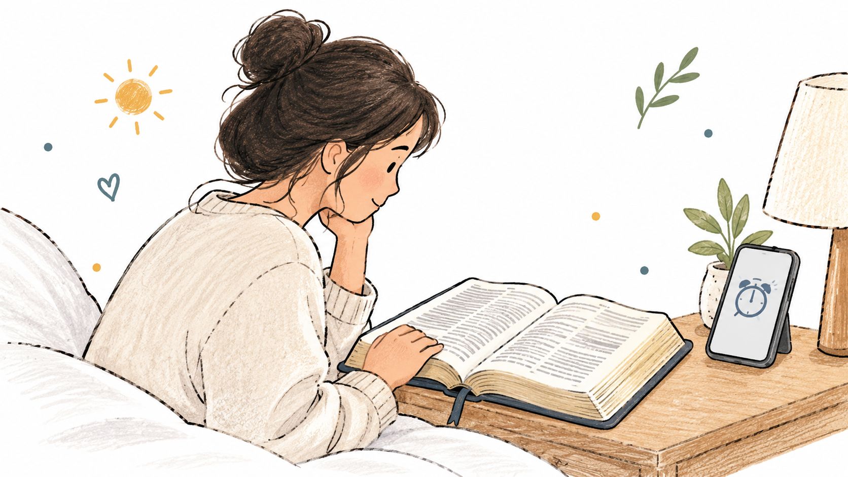 A young woman sitting in bed while peacefully reading an open Bible on her bedside table.
