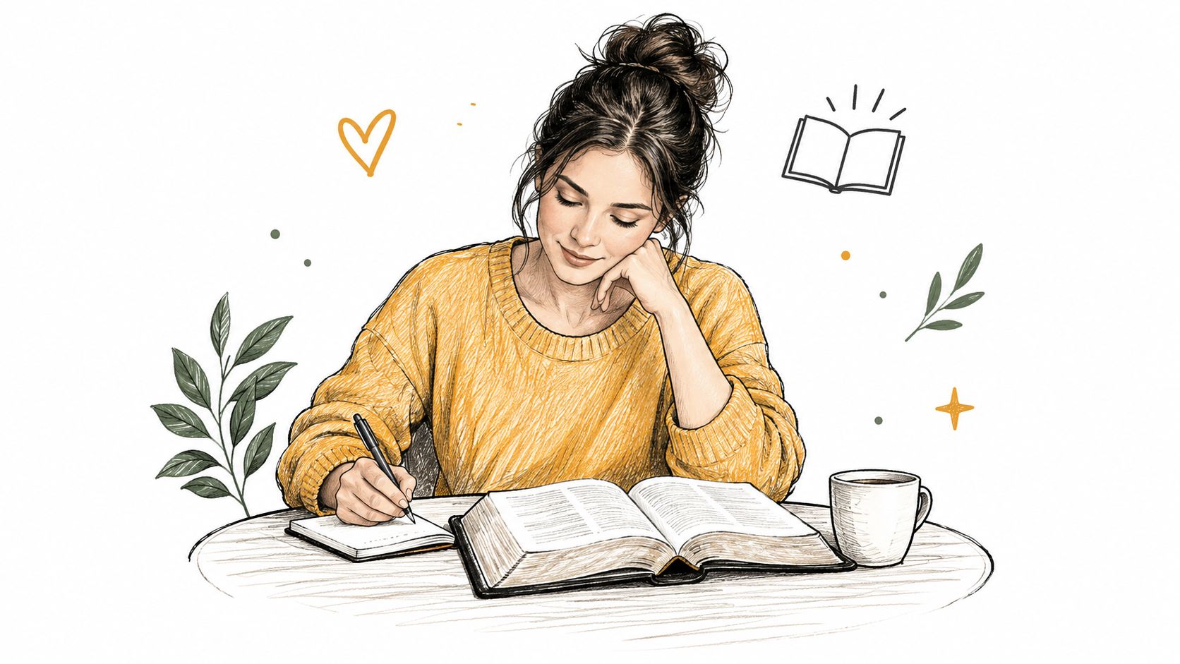 A woman with a bun sits at a table writing in a journal while studying scripture.