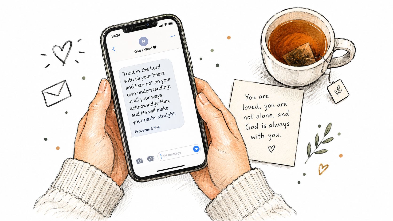 A person holding a smartphone showing a bible verse while sitting next to a tea cup.