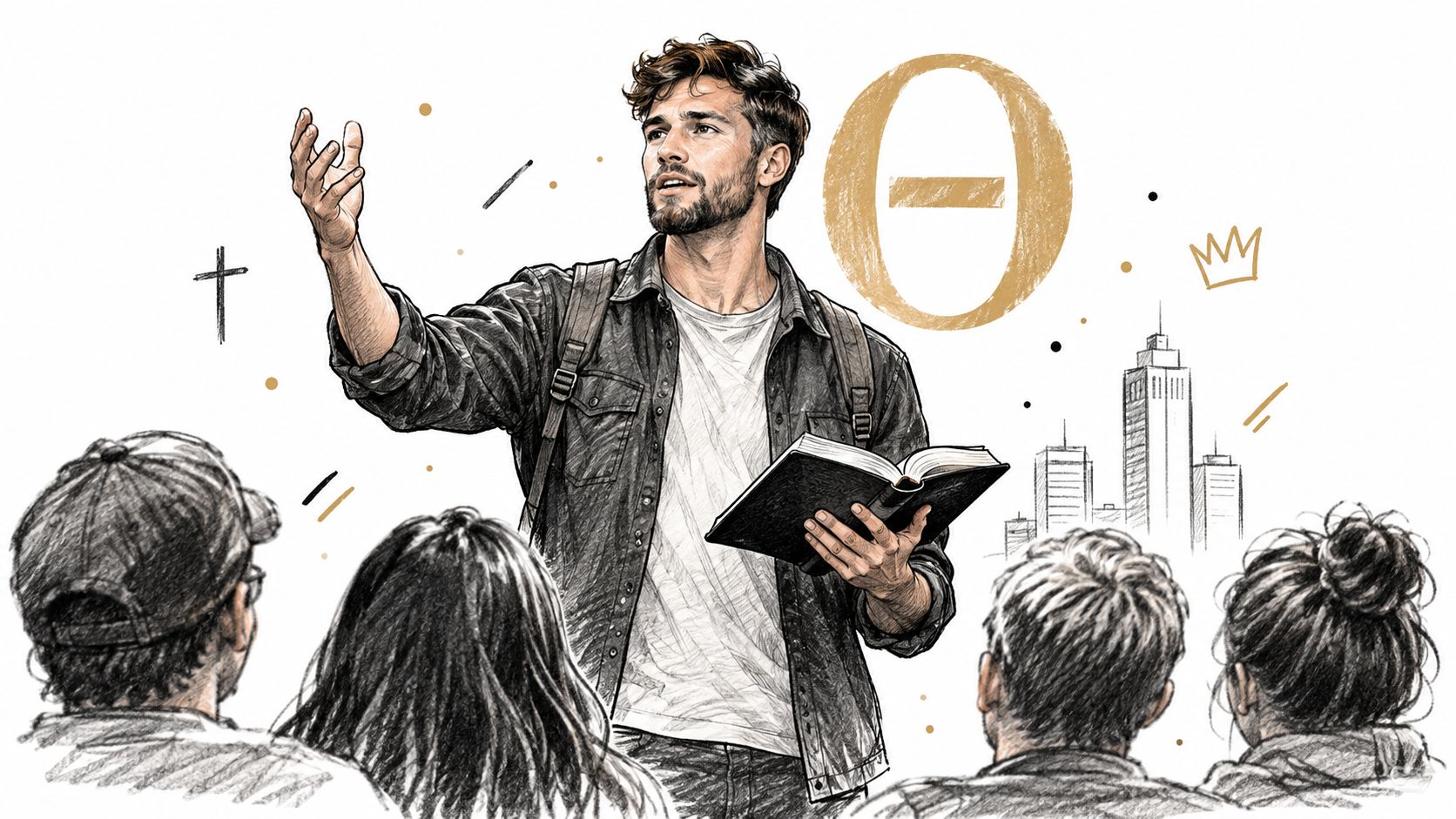 A young man holding a bible speaks to an attentive group with a city and symbols in background.