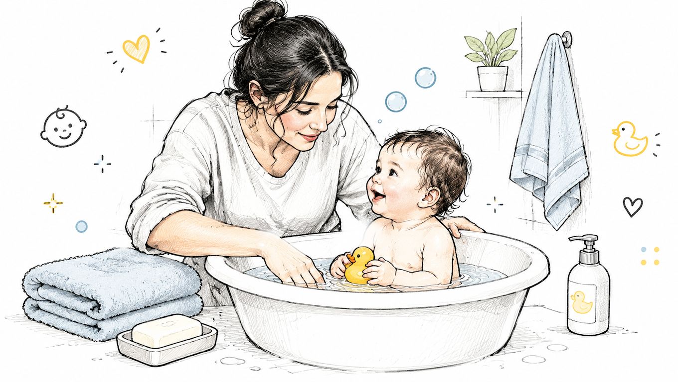 A loving mother giving her happy baby a bath in a small white tub with a toy.
