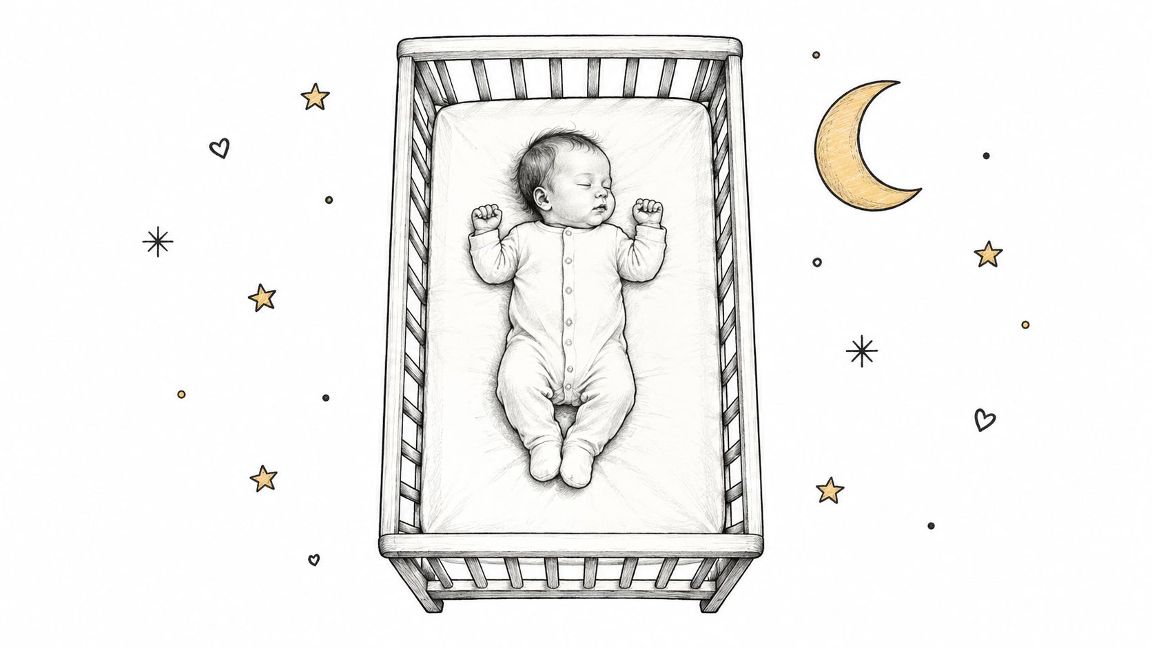 A gentle pencil sketch of a newborn baby sleeping peacefully in a wooden crib at night.