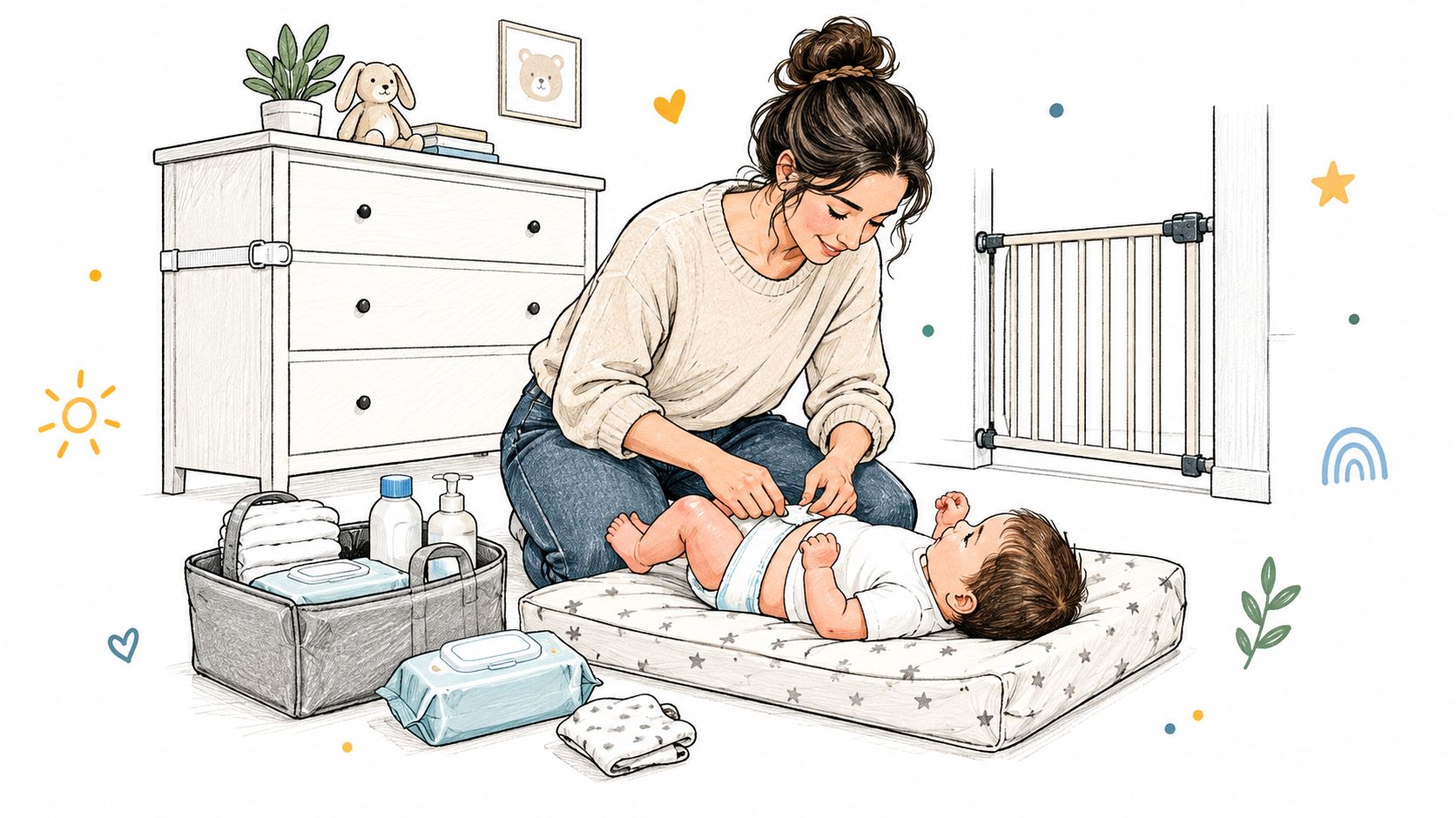 A mother gently changing her baby's diaper on a comfortable mat in a cozy nursery room.