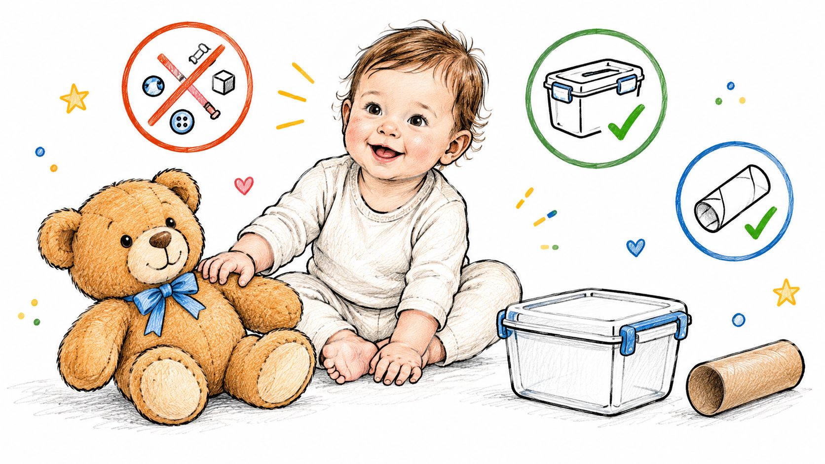 A baby sitting next to a teddy bear, with illustrations showing safe and unsafe household items.