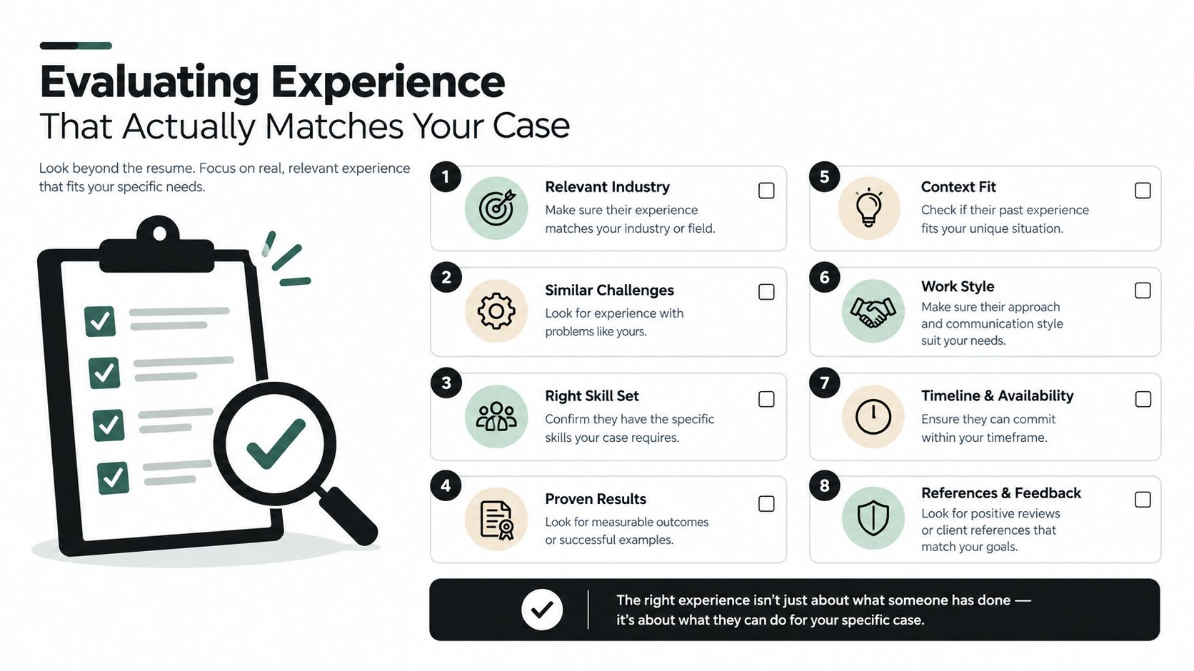 An infographic checklist for evaluating professional experience to match specific project needs and business goals.