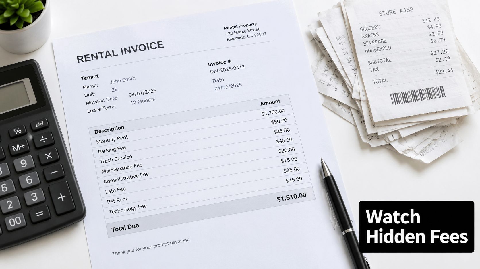 A rental invoice on a desk with a calculator, a pen, and receipts, emphasizing hidden lease fees.