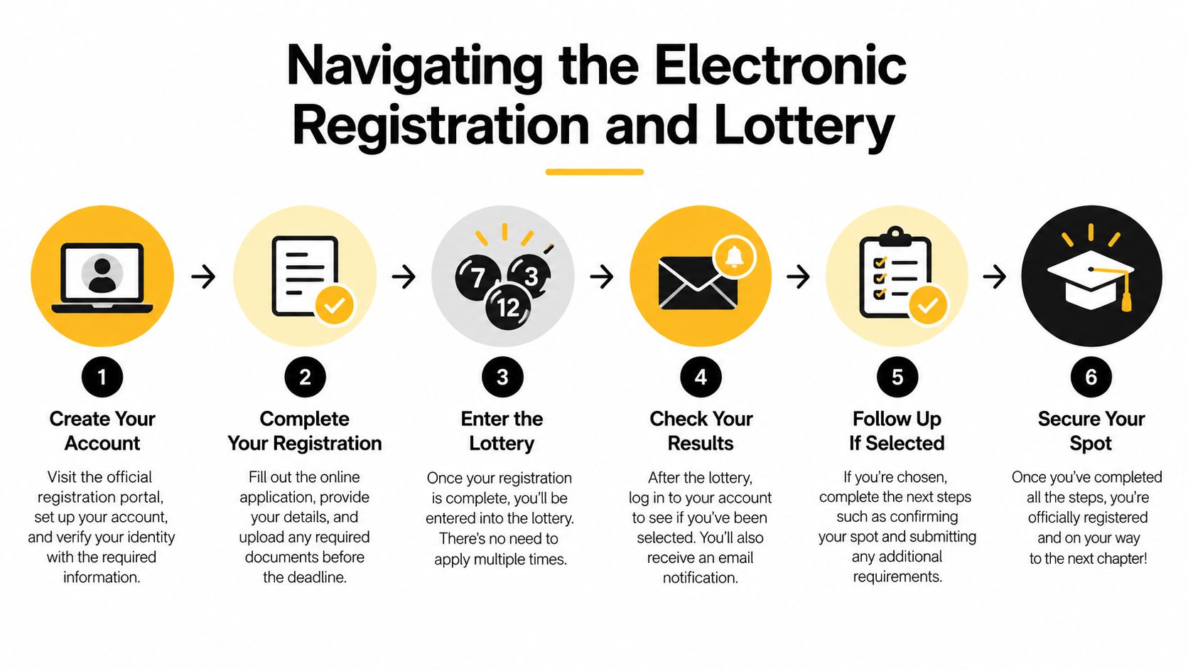A step-by-step visual infographic guide showing how to navigate the electronic registration and lottery process.