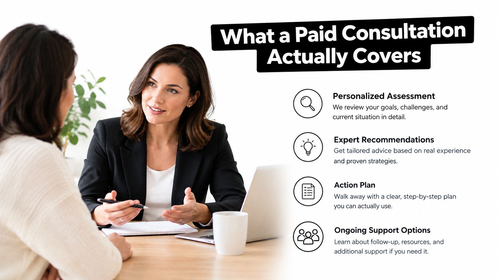 A professional consultation session where an expert discusses goals and action plans with a client.