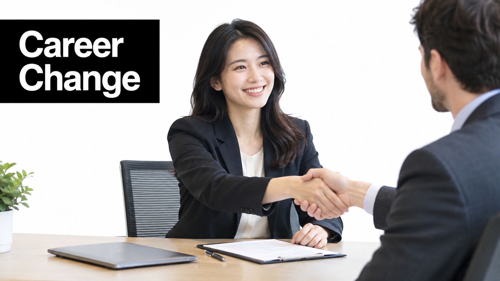 A professional woman in a suit smiling while shaking hands with a man during an interview.