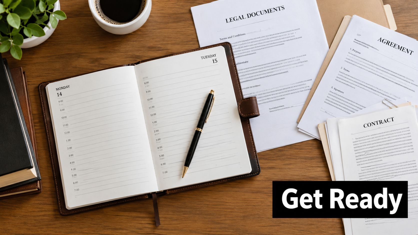 A leather planner open to a calendar on a desk with legal documents and a fountain pen.