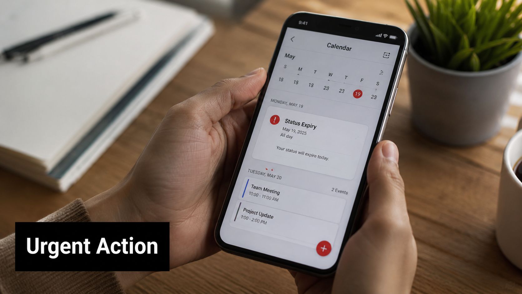 A person holding a smartphone showing an urgent status expiry calendar alert notification on screen.