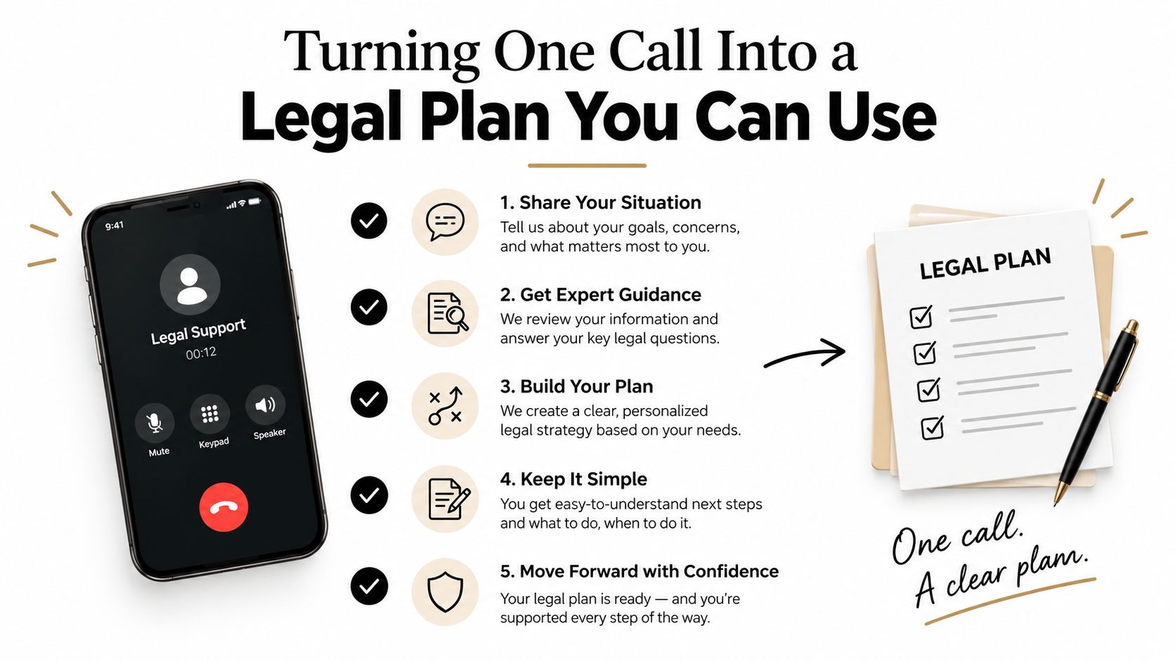 An infographic illustrating how a legal consultation call results in a clear personalized legal plan.