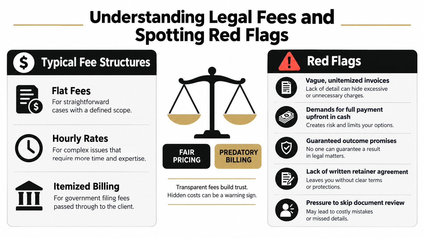 An infographic titled Understanding Legal Fees and Spotting Red Flags, outlining common fee structures and warning signs.