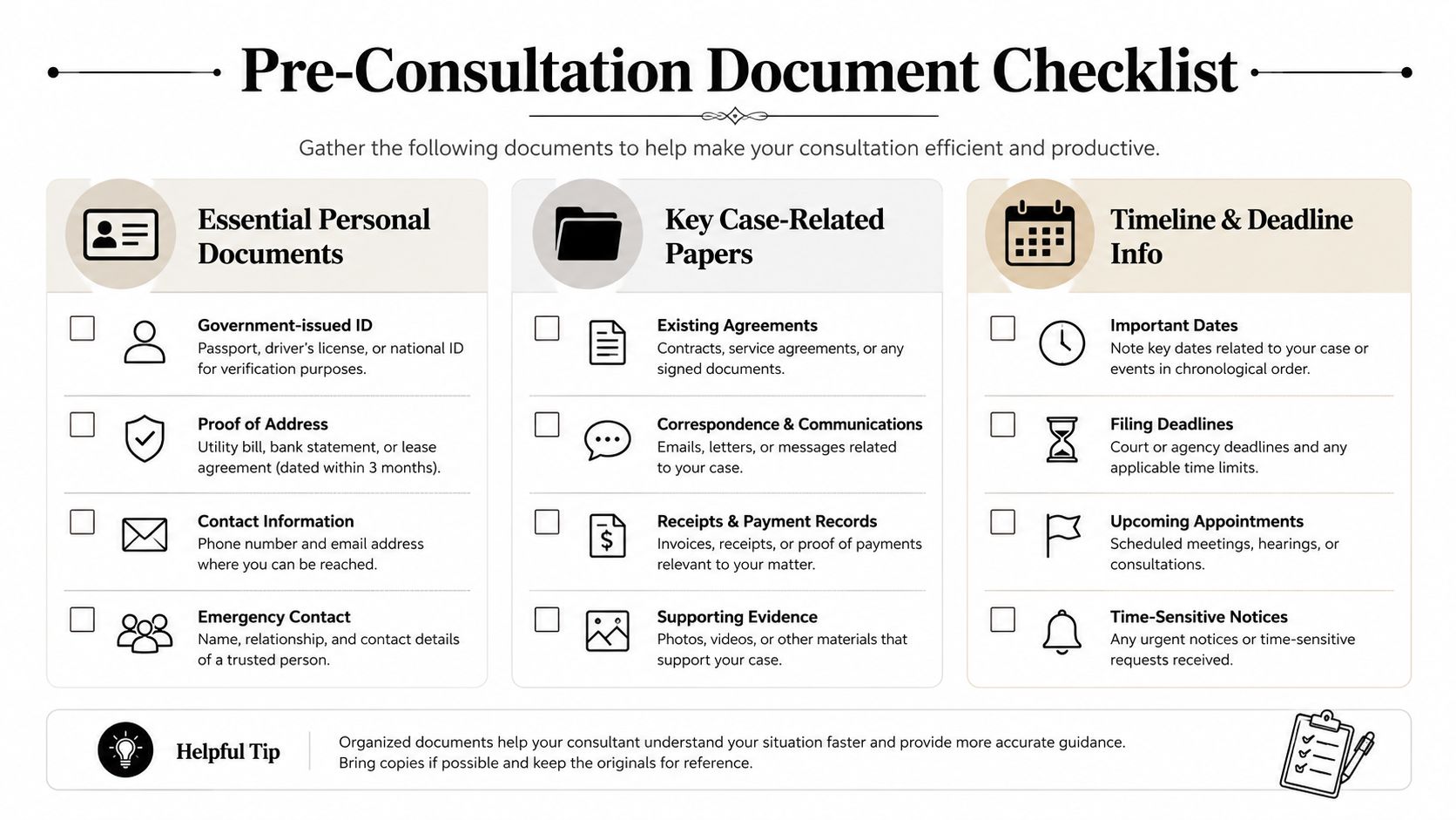 A structured checklist for gathering necessary documents and information before a professional legal or immigration consultation.