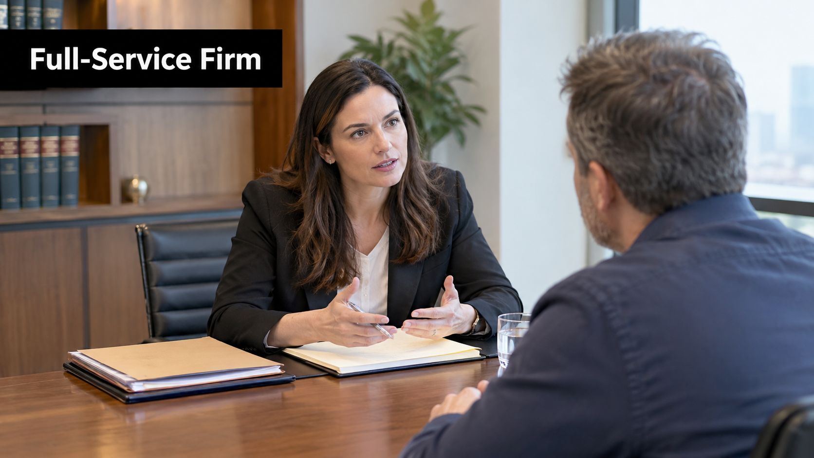 A professional female lawyer in a suit consulting with a client in a modern law office.