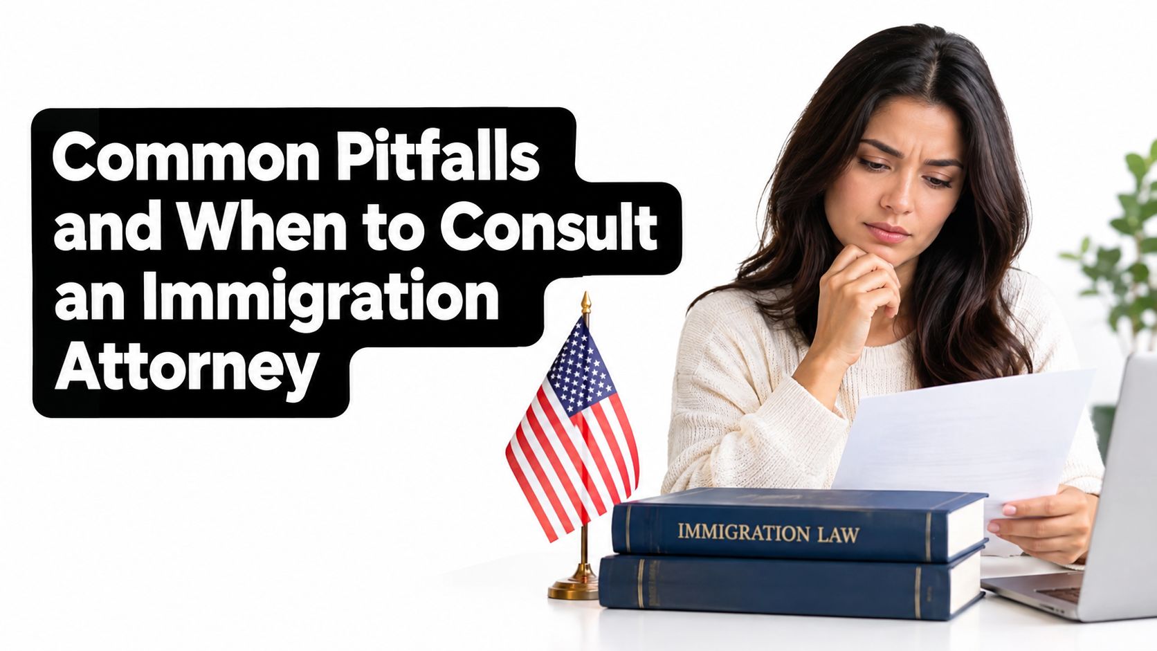 A concerned woman studying immigration documents with books on law and a small American flag nearby.