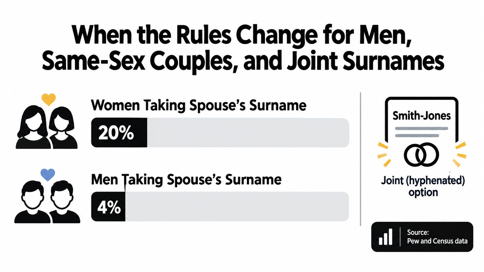 A bar chart comparing percentages of women and men who take their spouse's surname after marriage.