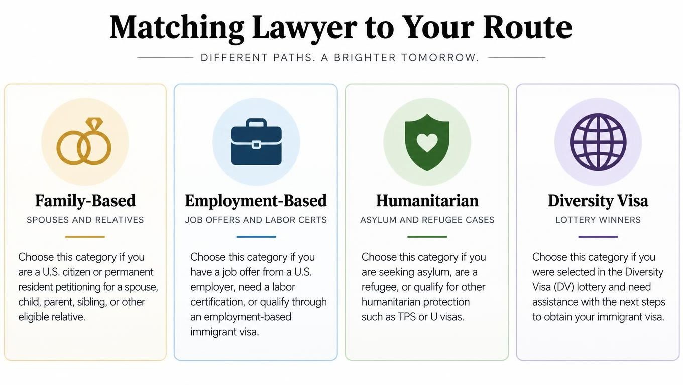 A visual guide explaining different immigration visa categories including family, employment, humanitarian, and diversity visa options.