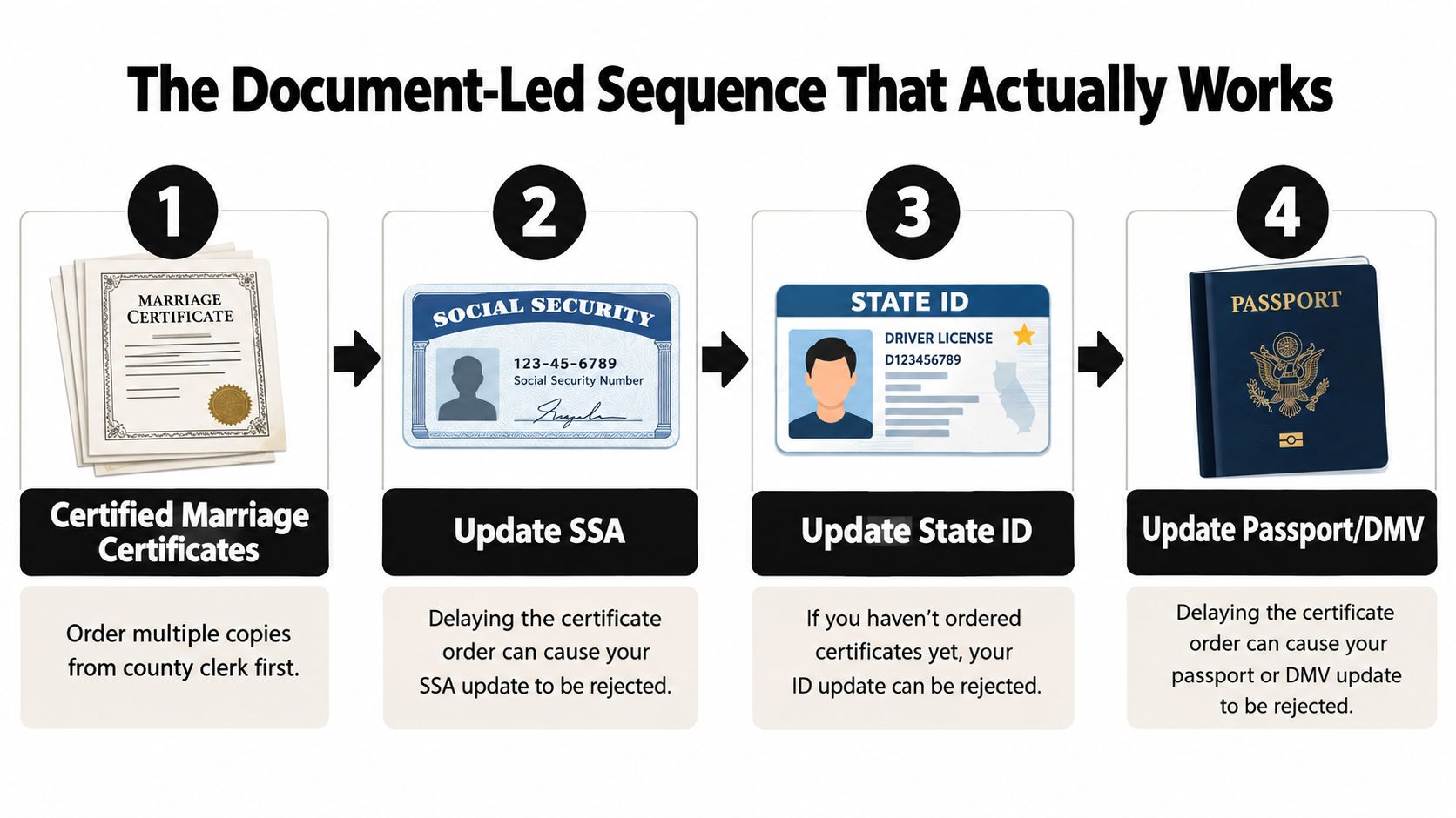 A four-step infographic illustrating the required document sequence for legally changing your name after marriage.