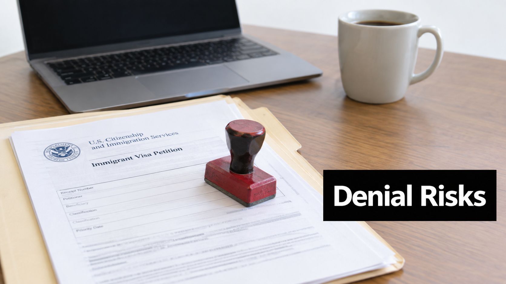 A stack of U.S. Citizenship and Immigration Services documents with a stamp and laptop on a desk.