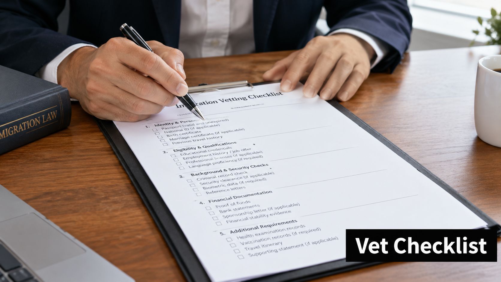 A professional immigration lawyer holding a pen and reviewing an immigration vetting checklist on a desk.