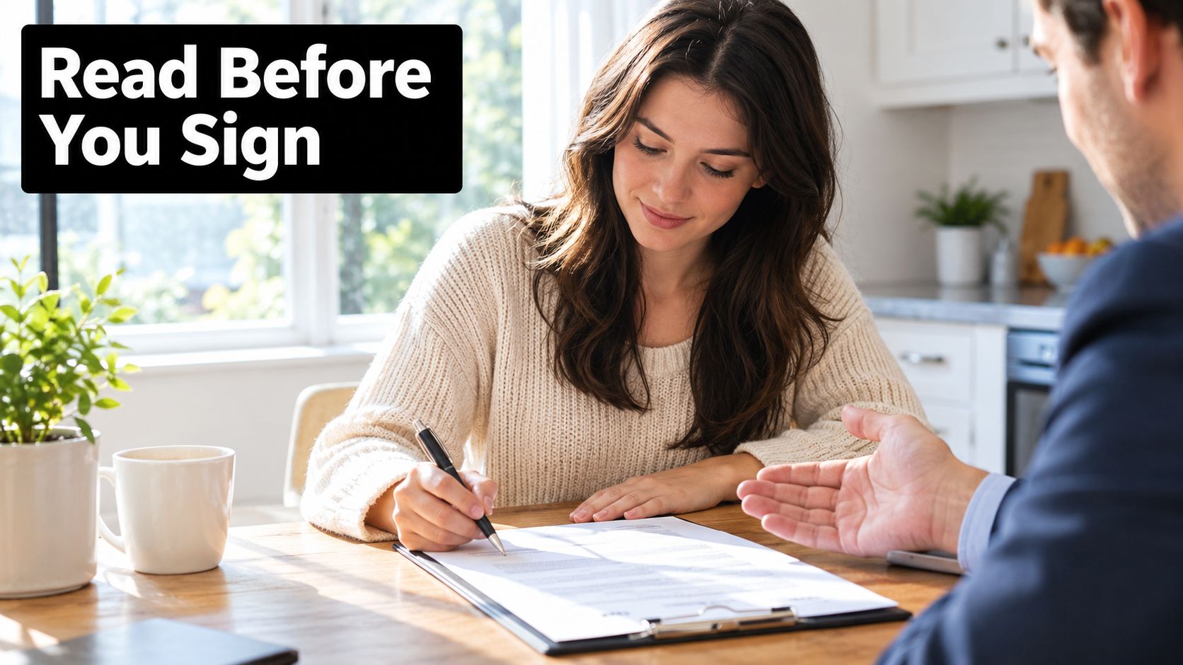 A woman signs a document at a table while sitting across from a professional in a suit.