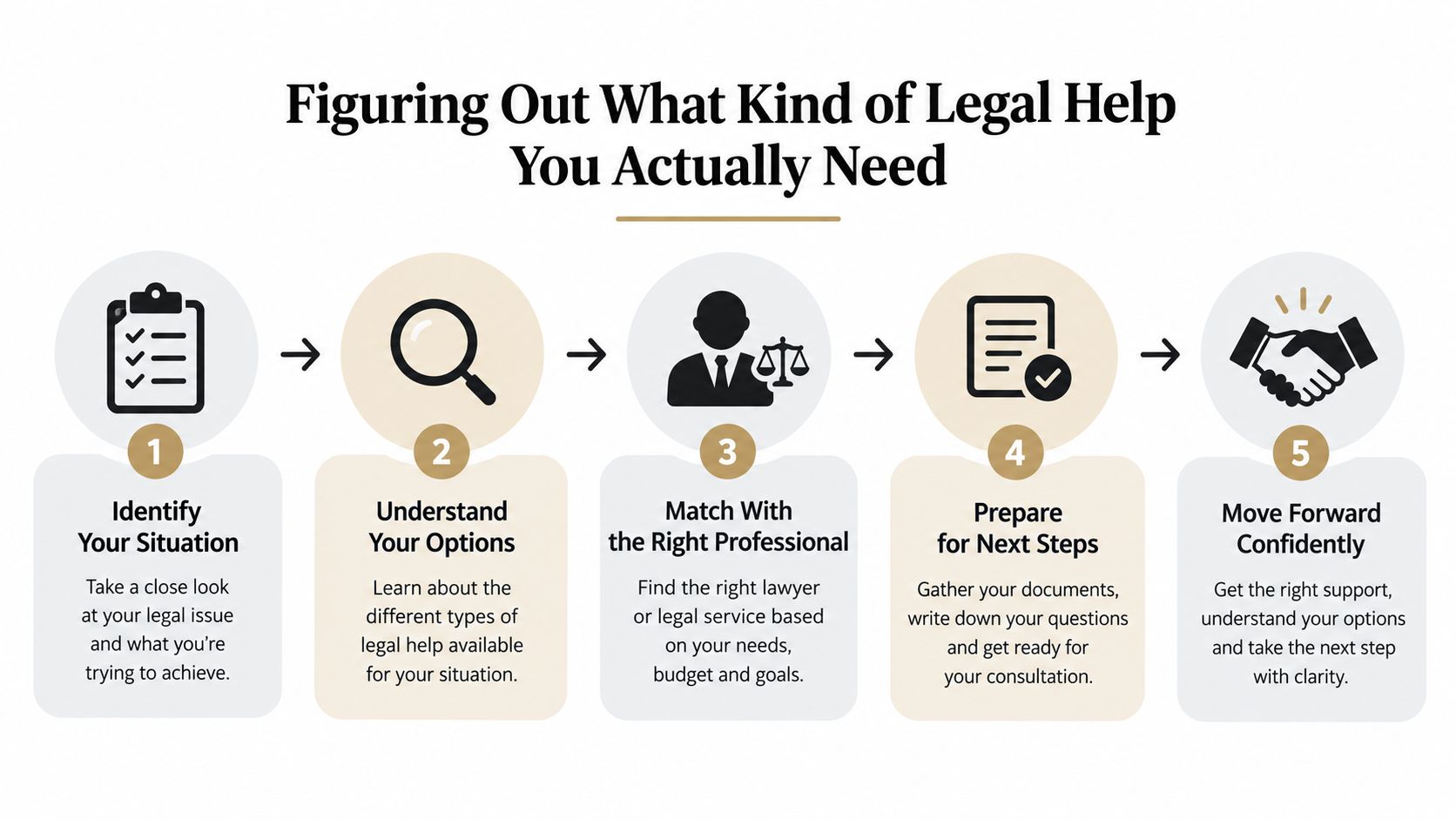 A five-step infographic guide on how to identify legal needs and find the right attorney effectively.