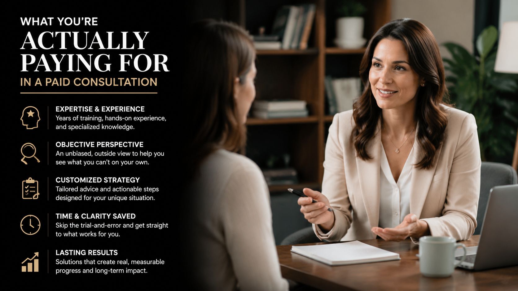 A professional business consultation scene with a consultant talking to a client in an office setting.