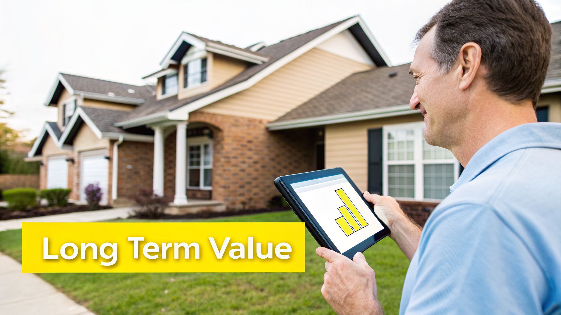 A man holds a tablet displaying a bar graph, standing outside a house with 'Long Term Value' text.
