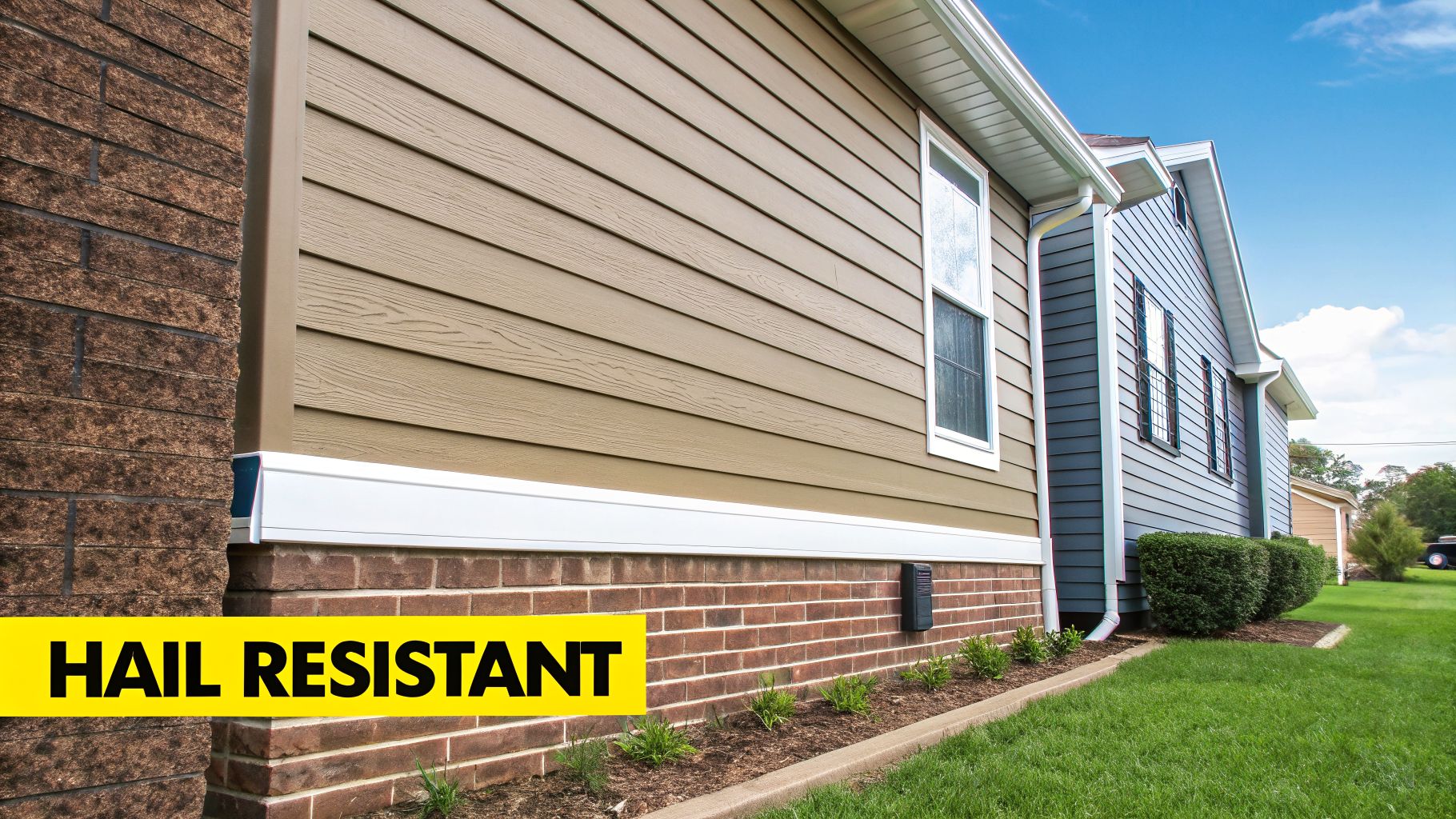 A house with brown and blue siding and a brick foundation, featuring a 'HAIL RESISTANT' banner.