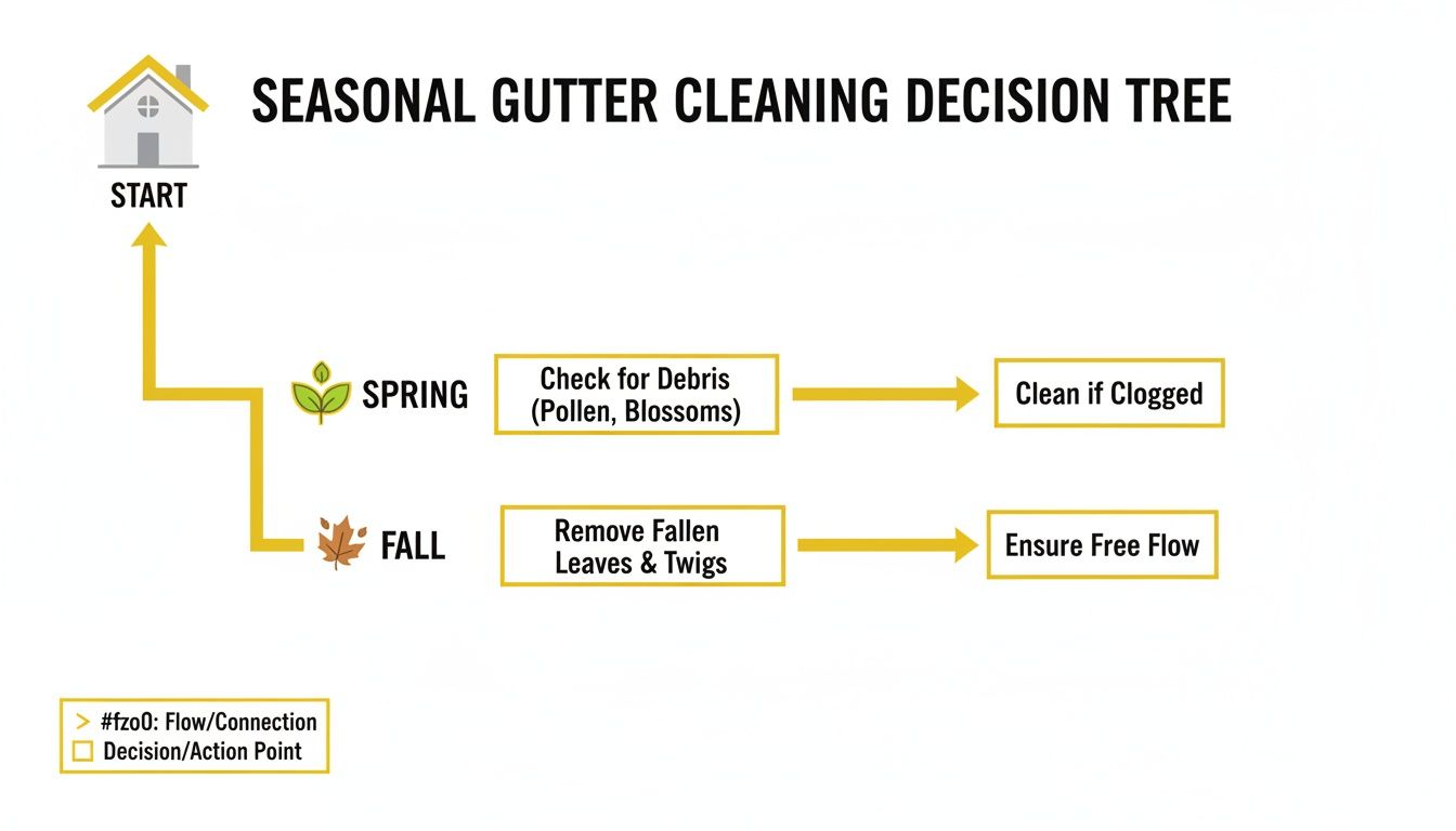 A decision tree flowchart illustrating seasonal gutter cleaning steps for spring and fall.