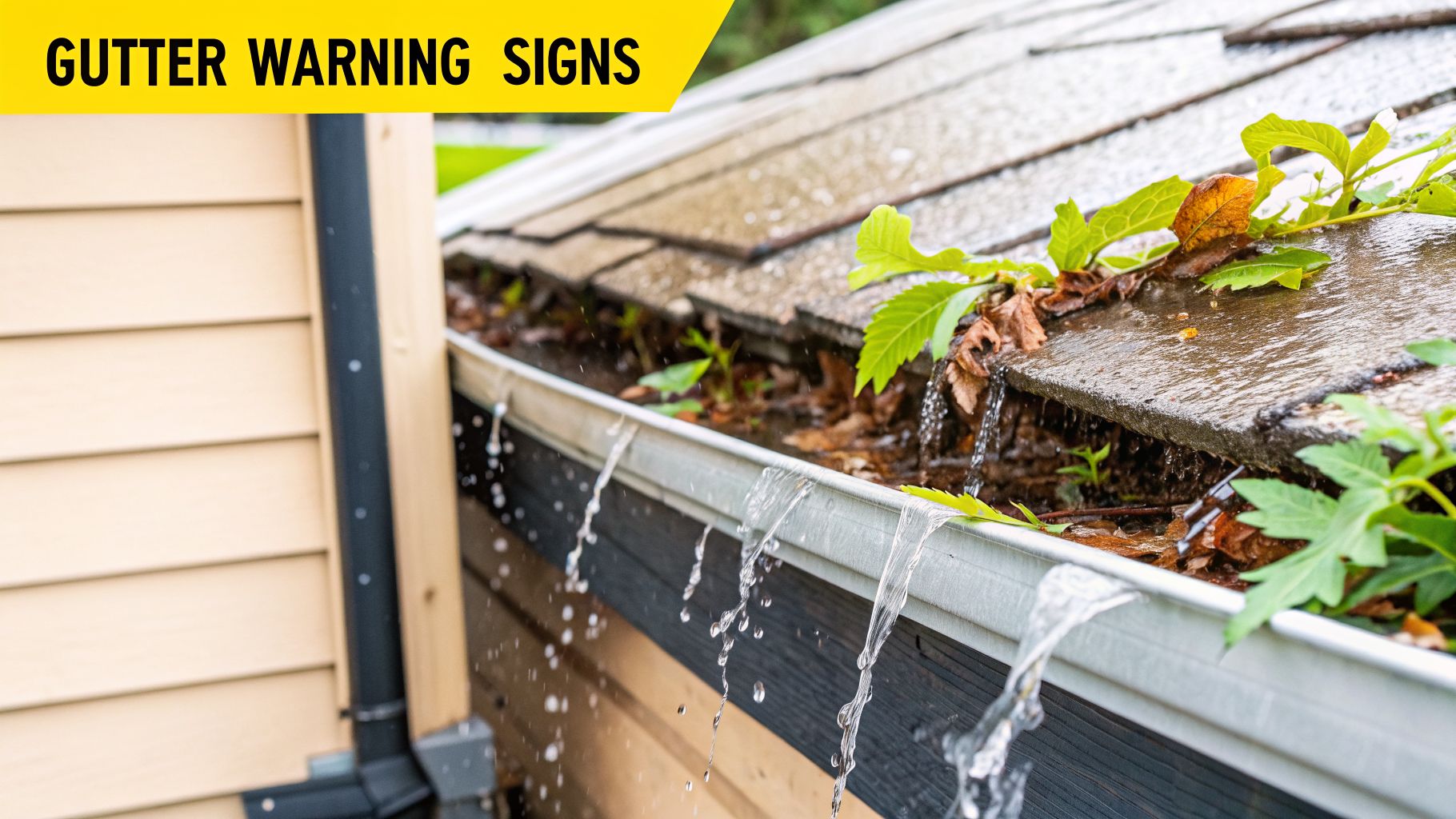Close-up of a house gutter overflowing with water due to leaves and debris, a clear warning sign.