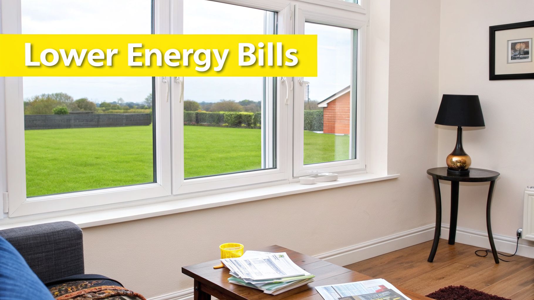 A bright room with large energy-efficient windows looking out to a green garden, with a 'Lower Energy Bills' banner.