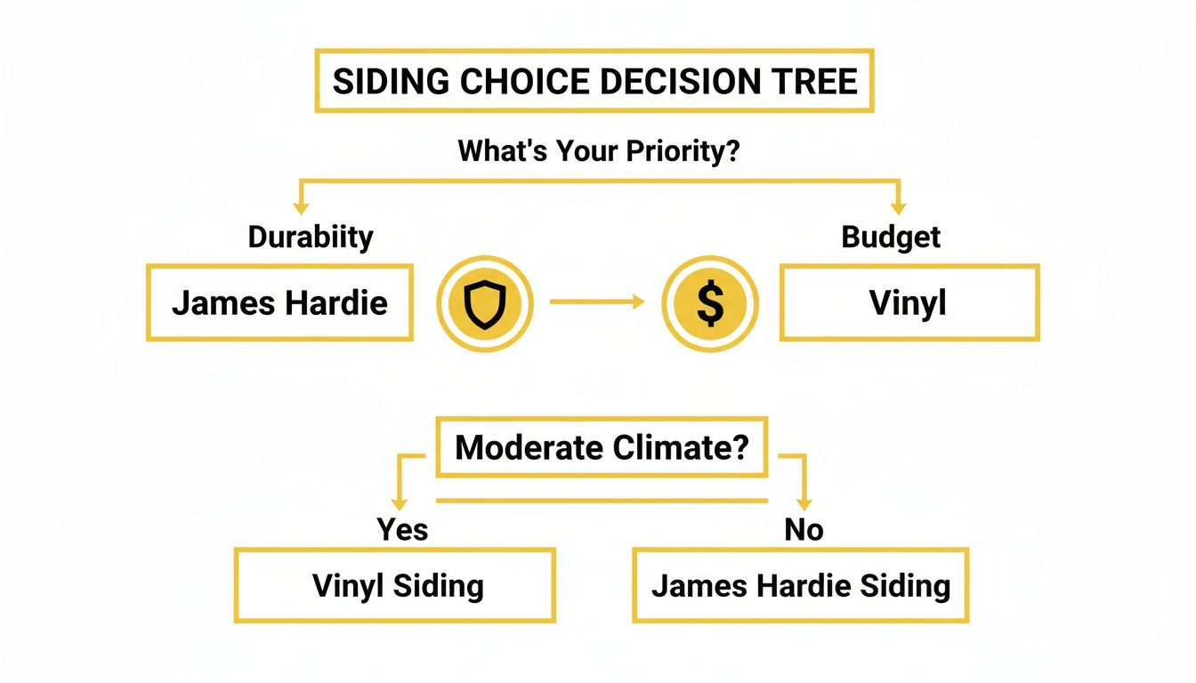 Decision tree comparing James Hardie and Vinyl siding options based on priority and climate.