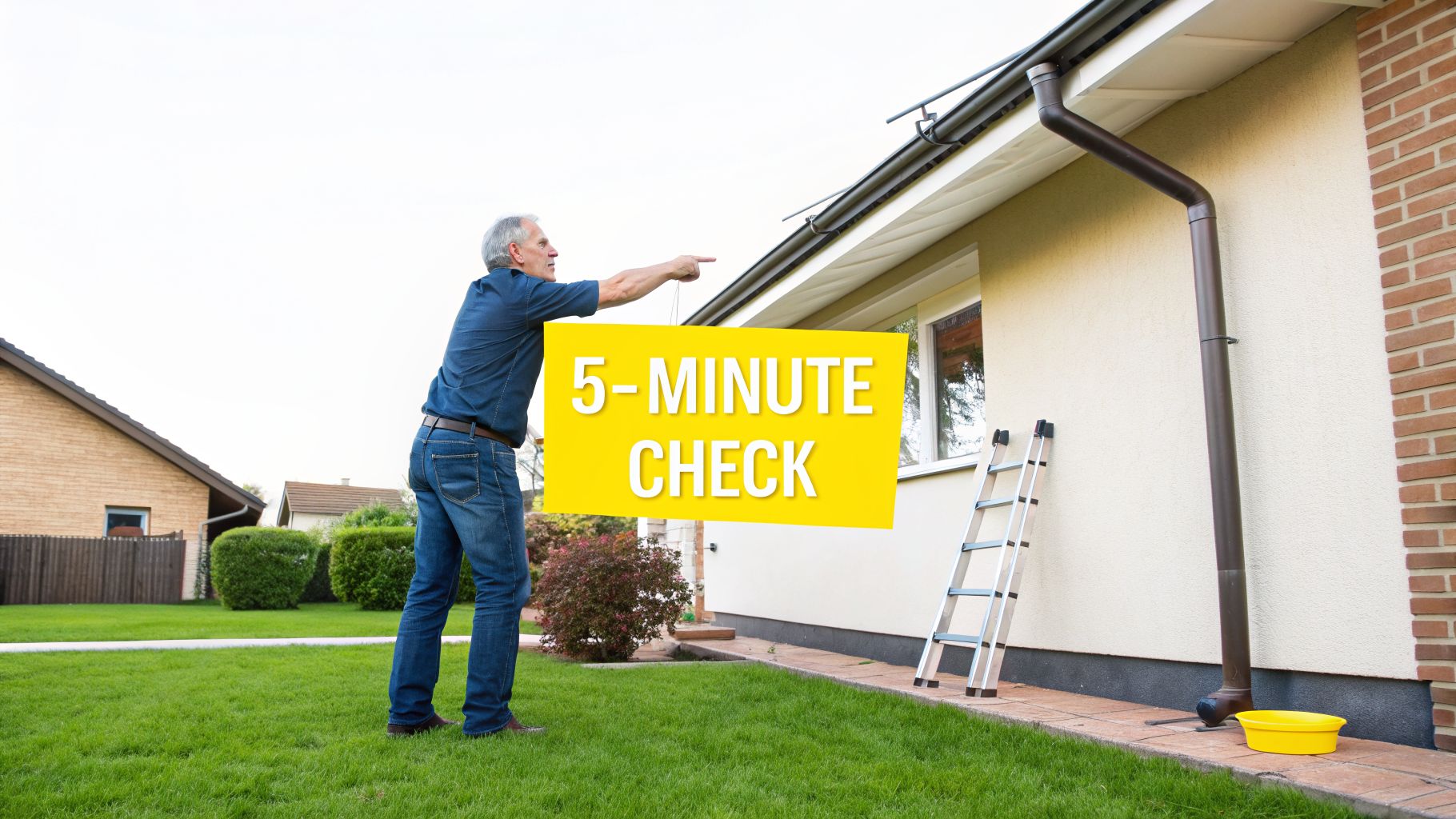 A man points at house gutters, holding a "5-MINUTE CHECK" sign next to a ladder.