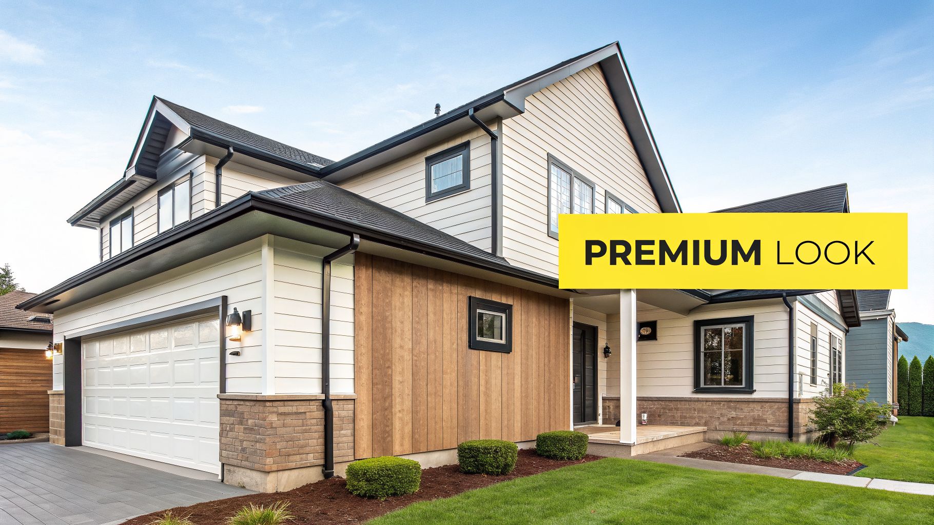 Stylish residential home featuring mixed siding materials, black trim, a white garage, and a manicured lawn.