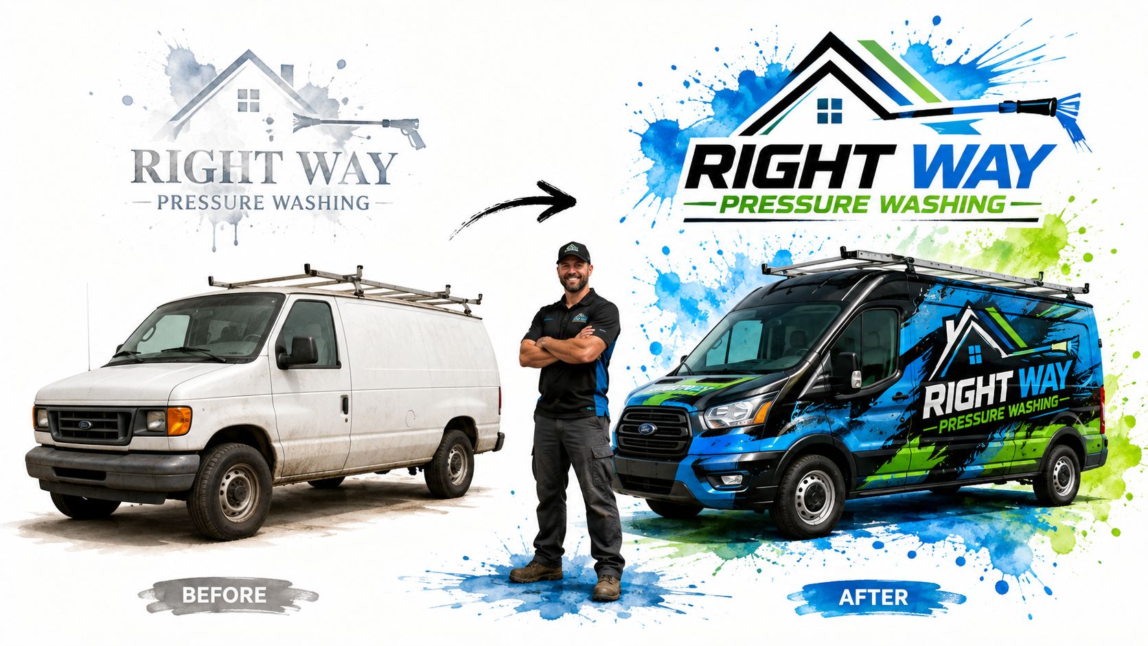 A professional before and after comparison of a pressure washing company van branding and logo design.
