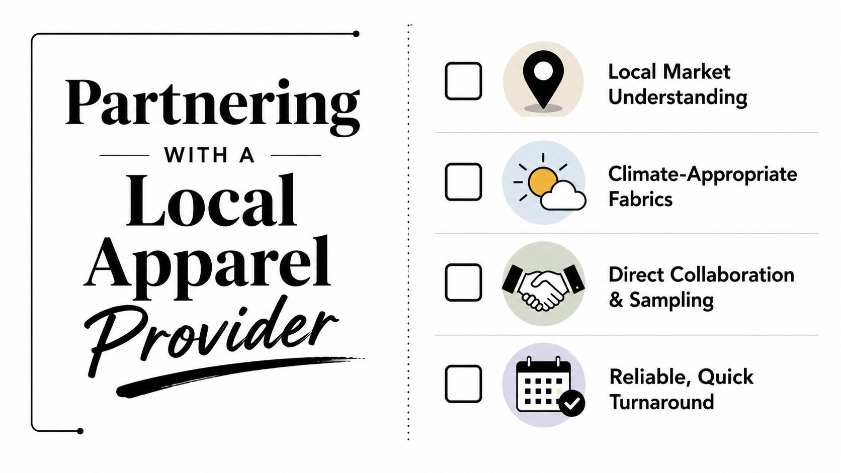 A marketing graphic highlighting four key benefits of partnering with a local apparel provider for businesses.
