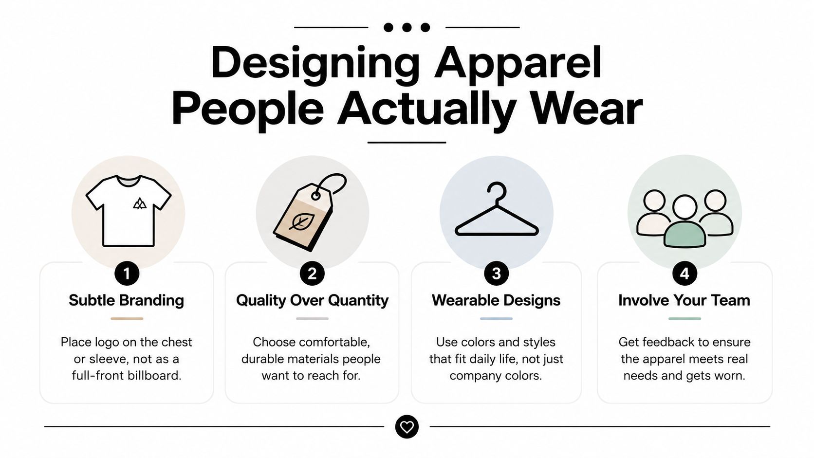 An infographic titled Designing Apparel People Actually Wear, outlining four essential steps for creating branded merchandise employees appreciate.