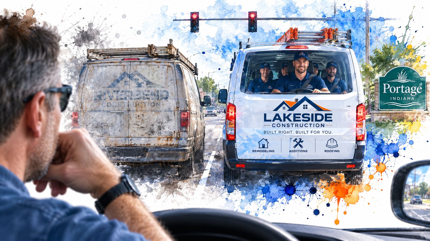 A driver perspective of a clean Lakeside Construction van and a dirty Riverbend Construction van on road.