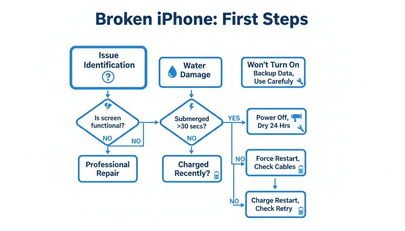 Flowchart detailing first steps for troubleshooting a broken iPhone, covering screen issues, water damage, and power problems.