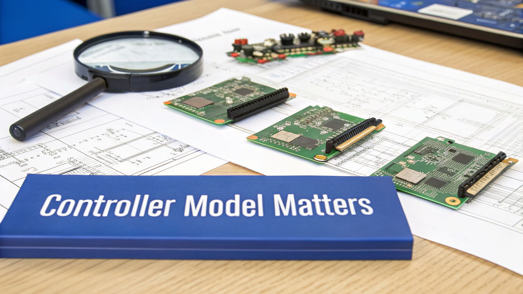 A blue box stating 'Controller Model Matters', circuit boards, a magnifying glass, and engineering schematics on a wooden desk.