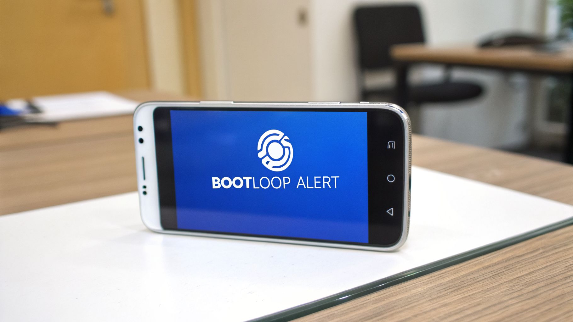 An Android phone displays a blue screen with a white circular logo and 'BOOTLOOP ALERT' message.