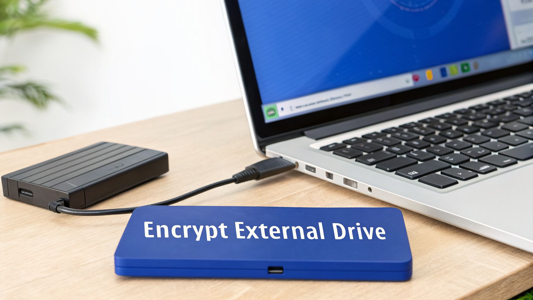 A laptop connected to a black external hard drive, with a blue drive labeled 'Encrypt External Drive' on a wooden desk.