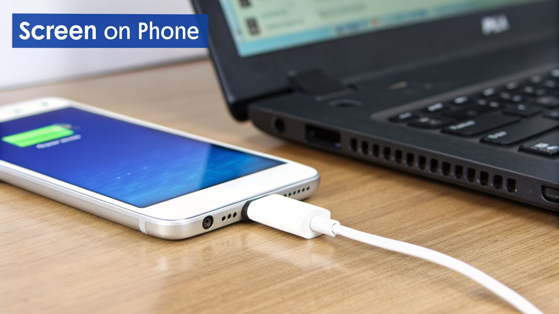 A white smartphone with a charging screen is connected to a black laptop on a wooden desk.
