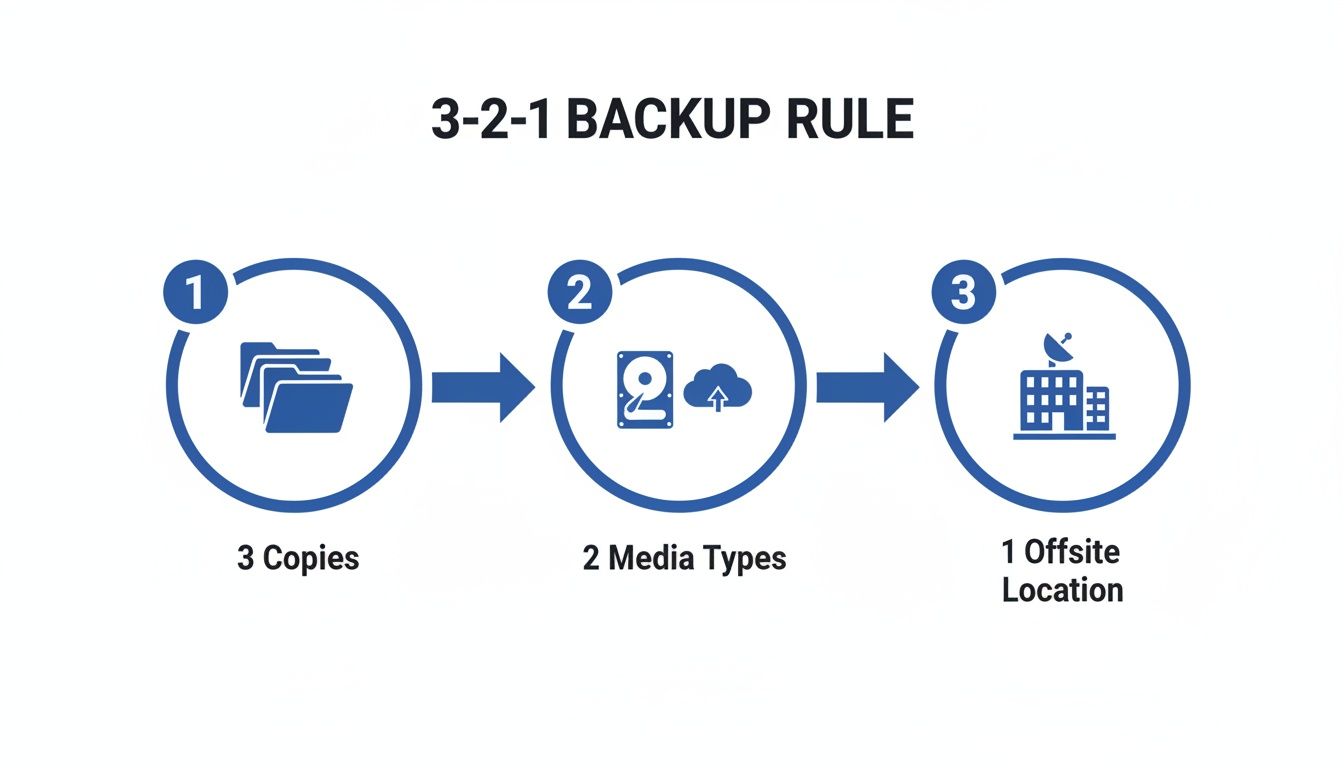 A diagram illustrating the 3-2-1 backup rule: 3 copies, 2 media types, and 1 offsite location.